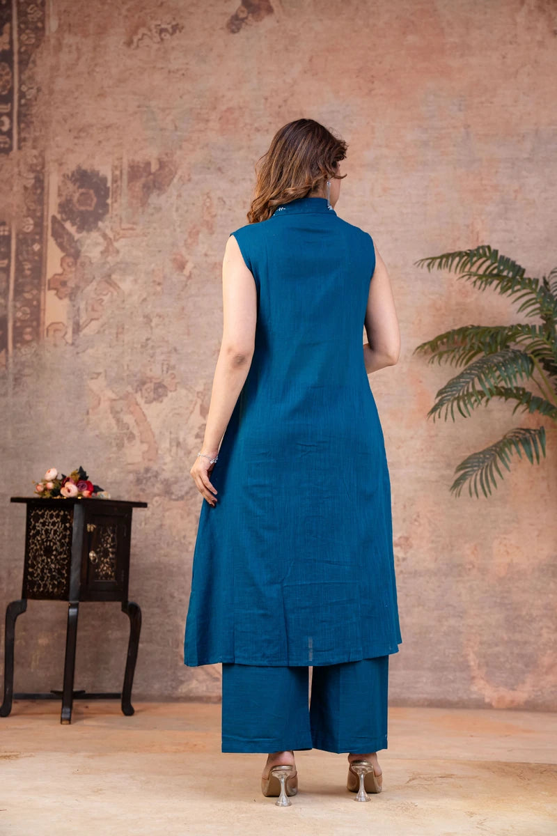 Teal Blue Sleeveless Cotton Co-ord Set