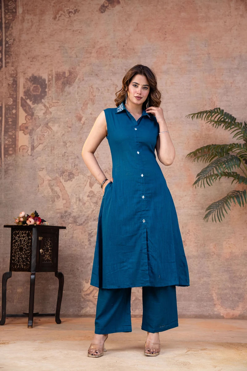 Teal Blue Sleeveless Cotton Co-ord Set