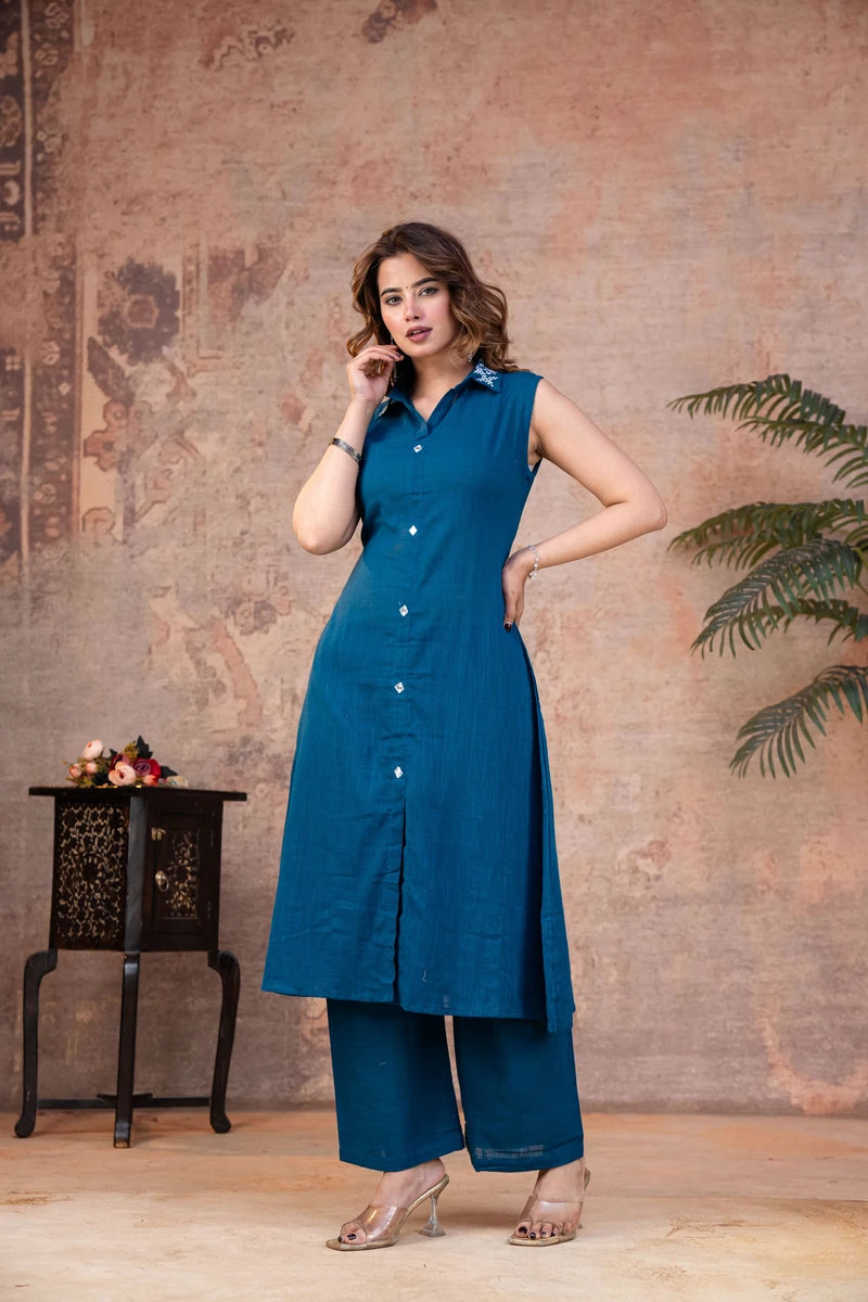 Teal Blue Sleeveless Cotton Co-ord Set