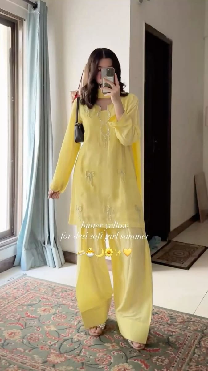 Vibrant Yellow Embroidered Kurta with Farsi Pants and Dual-Tone Dupatta