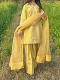 Lemon Yellow Embroidered Farsi Suit Set with Dupatta