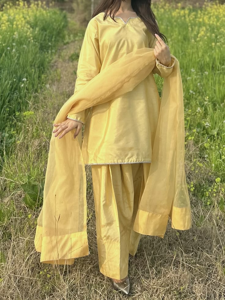 Lemon Yellow Embroidered Farsi Suit Set with Dupatta